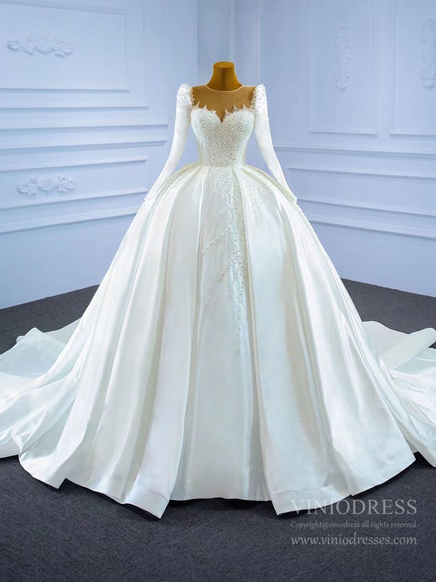 Haute Couture Satin Ball Gown Wedding Dress with Sleeves 67259-wedding dresses 2025 -Viniodress-As Picture-Custom Size-
