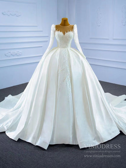 Haute Couture Satin Ball Gown Wedding Dress with Sleeves 67259-wedding dresses 2025 -Viniodress-As Picture-Custom Size-