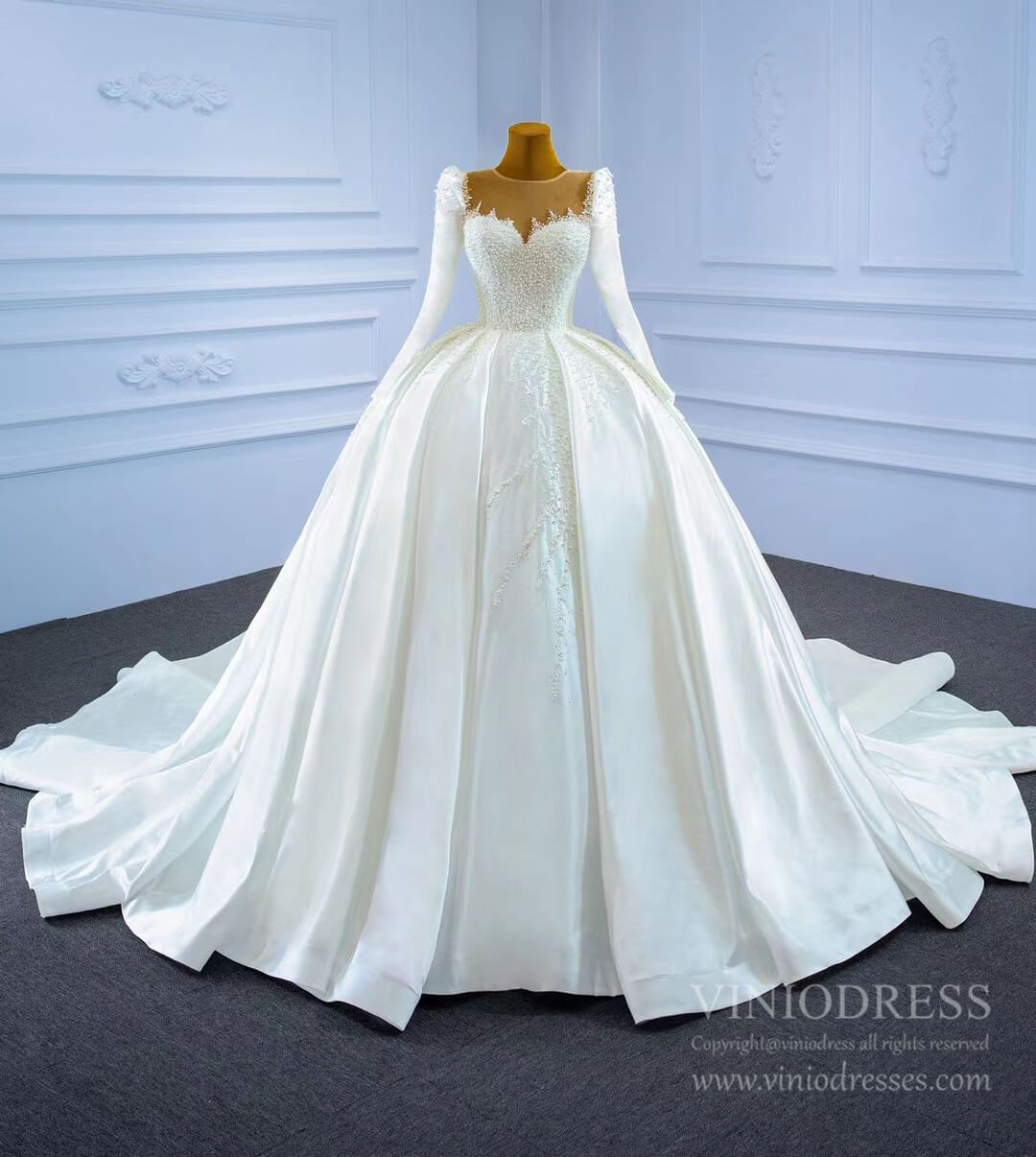 Haute Couture Satin Ball Gown Wedding Dress with Sleeves 67259-wedding dresses 2025 -Viniodress-As Picture-Custom Size-