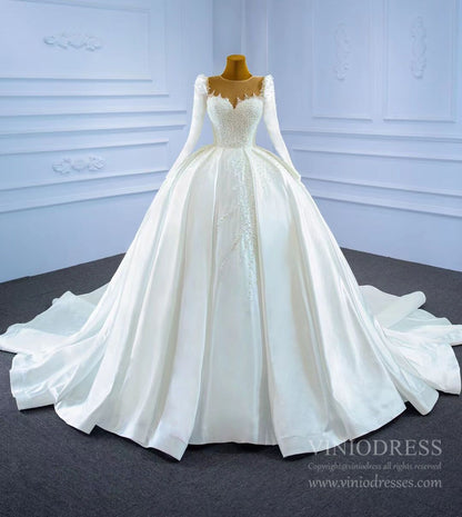 Haute Couture Satin Ball Gown Wedding Dress with Sleeves 67259-wedding dresses 2025 -Viniodress-As Picture-Custom Size-