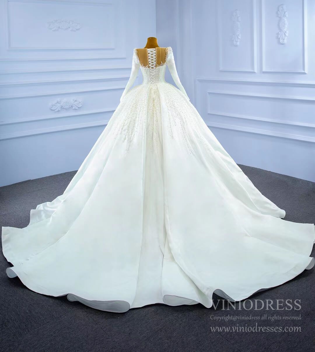 Haute Couture Satin Ball Gown Wedding Dress with Sleeves 67259-wedding dresses 2025 -Viniodress-As Picture-Custom Size-