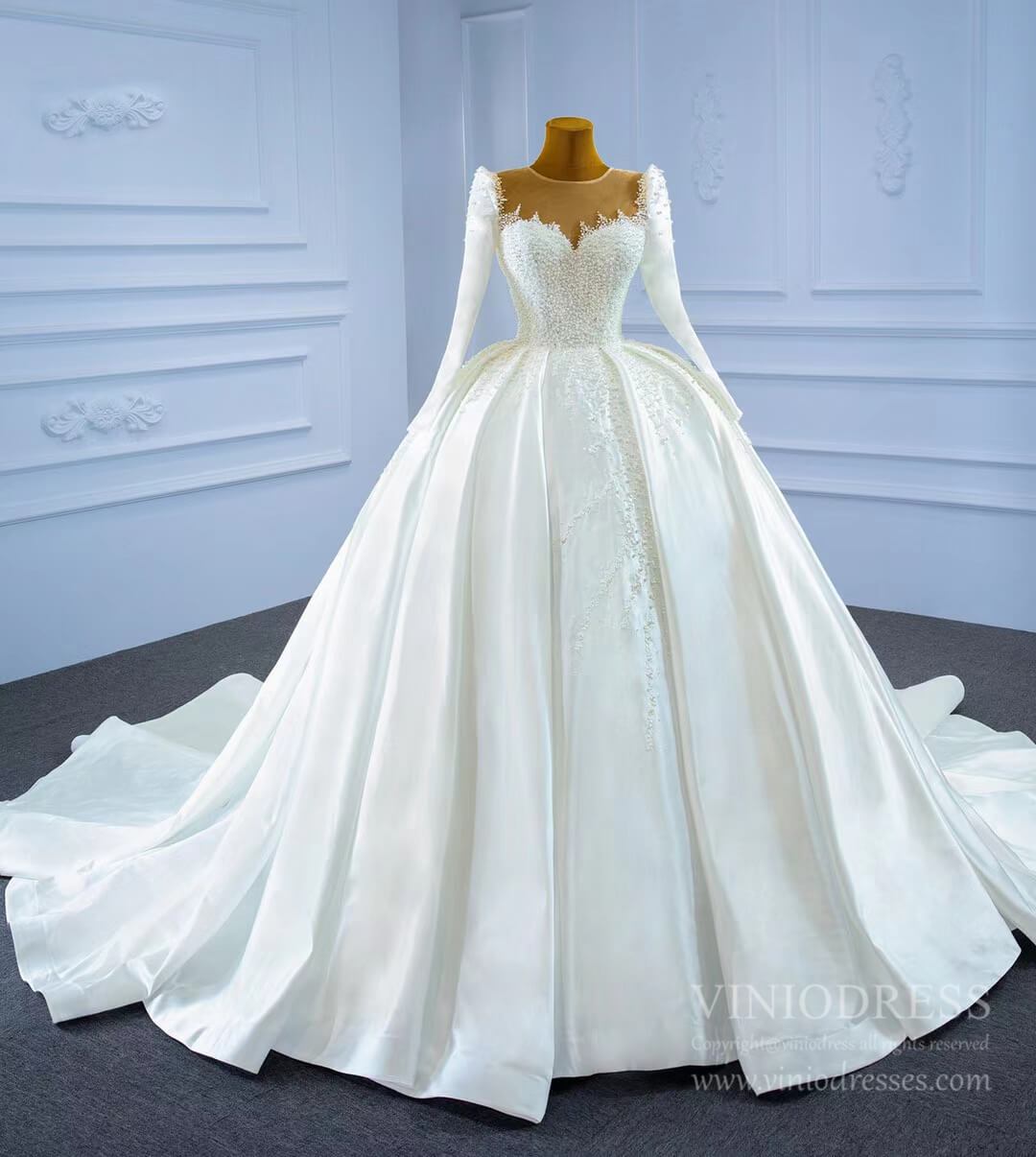 Haute Couture Satin Ball Gown Wedding Dress with Sleeves 67259-wedding dresses 2025 -Viniodress-As Picture-Custom Size-