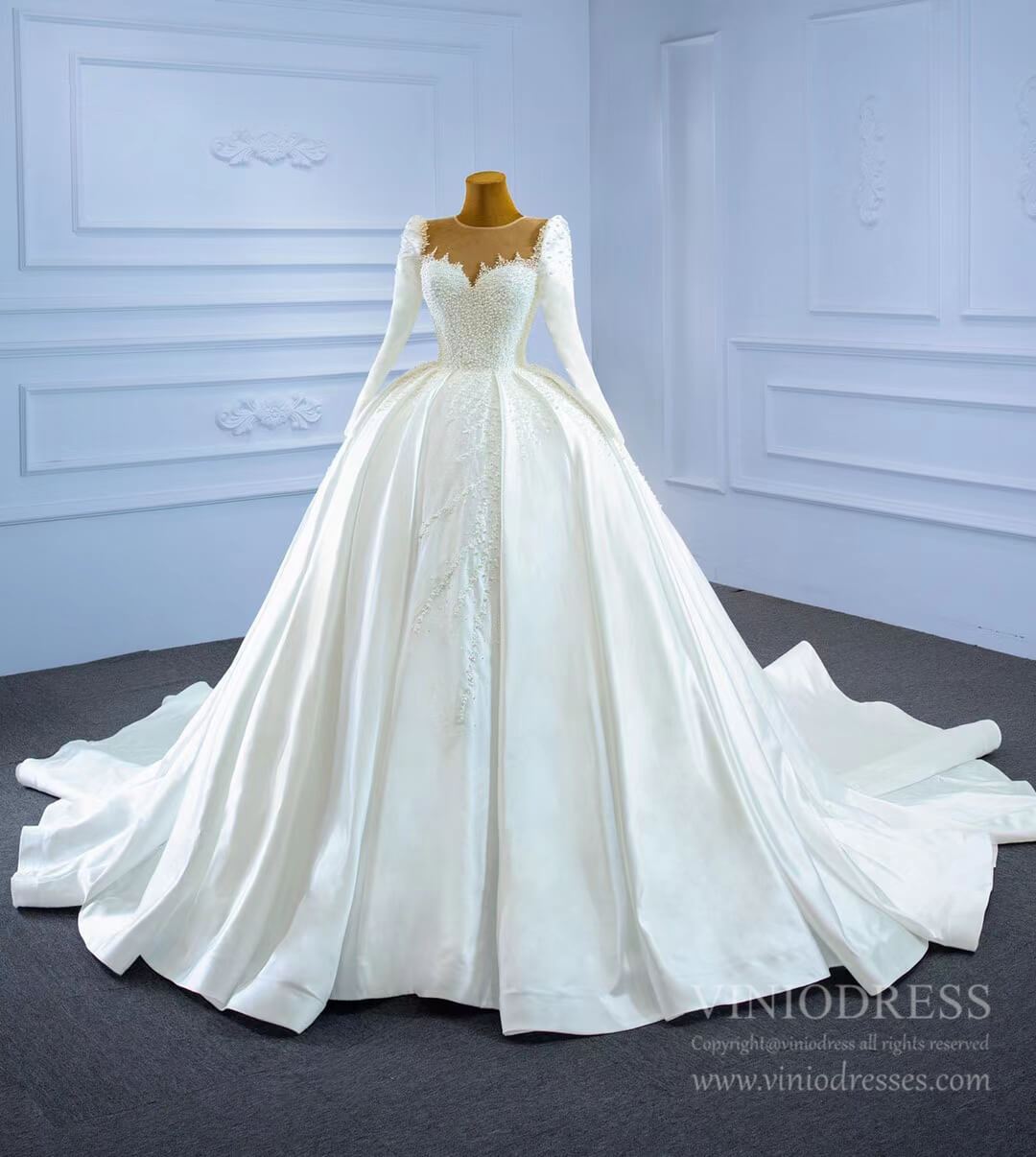 Haute Couture Satin Ball Gown Wedding Dress with Sleeves 67259-wedding dresses 2025 -Viniodress-As Picture-Custom Size-