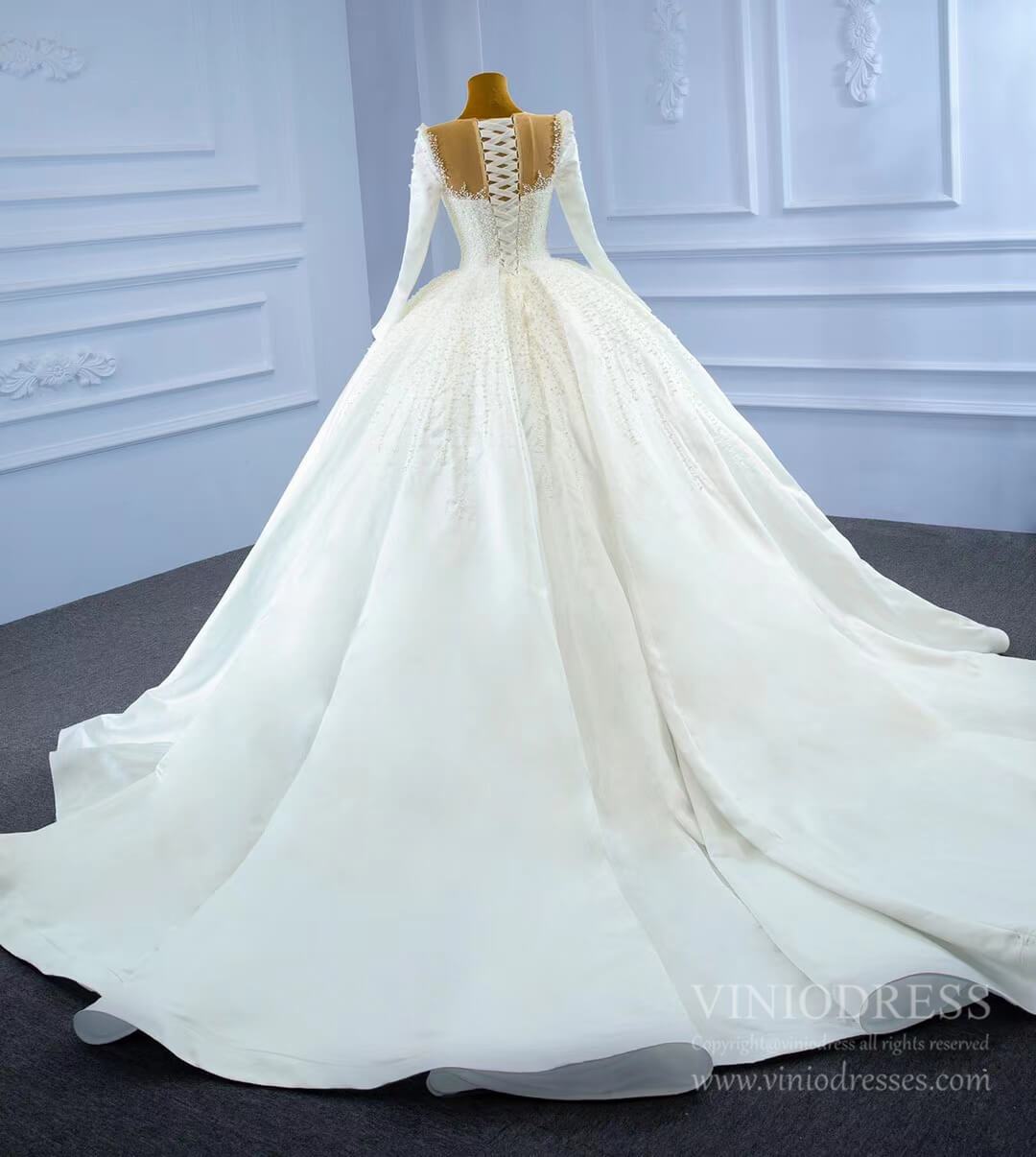 Haute Couture Satin Ball Gown Wedding Dress with Sleeves 67259-wedding dresses 2025 -Viniodress-As Picture-Custom Size-