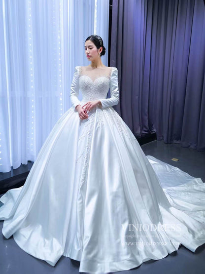 Haute Couture Satin Ball Gown Wedding Dress with Sleeves 67259-wedding dresses 2025 -Viniodress-As Picture-Custom Size-