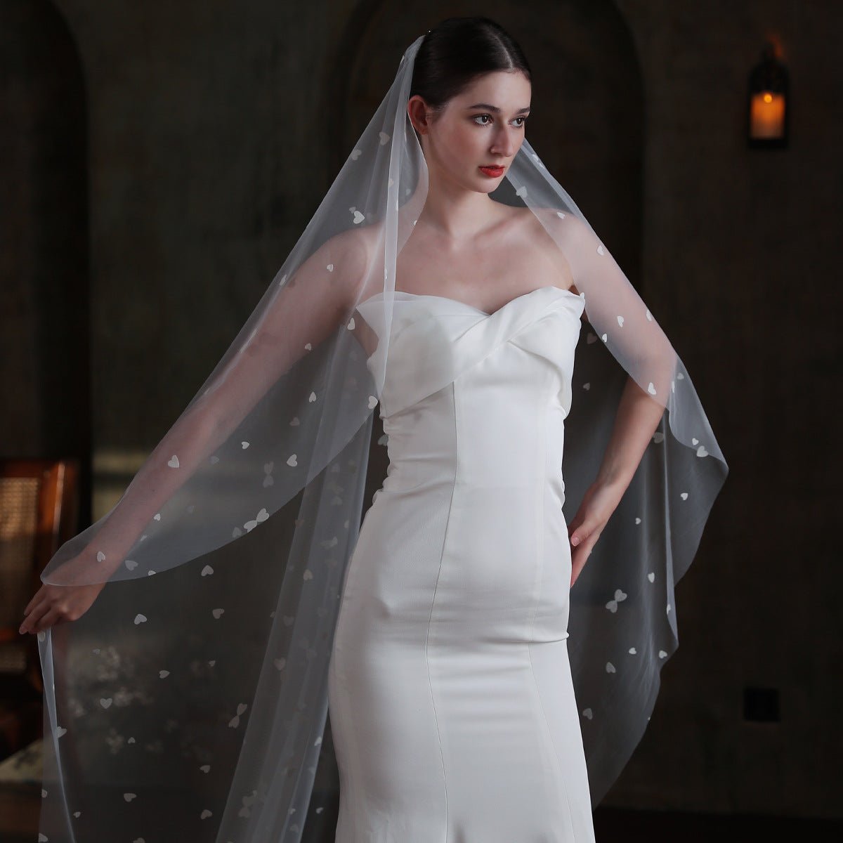 Heart Printed Tulle Bridal Veil Cathedral Length Viniodress V873-Bridal Veil 2025 -Viniodress-Ivory-300cm-