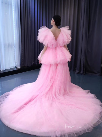 High Low Tiered Pink Pageant Dresses Ruffled Prom Gown 222131-wedding dresses 2025 -Viniodress-Pink-Custom Size-