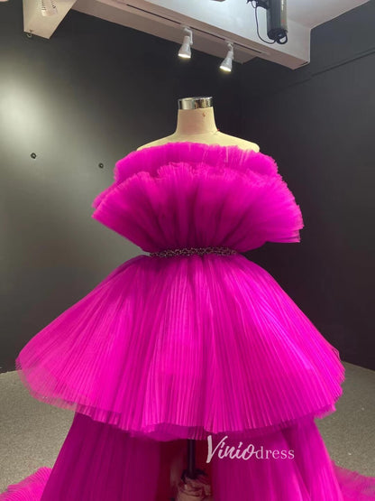 High Low Tulle Prom Dress Burgundy Ruffle Pageant Gown 222141-prom dresses 2025 -Viniodress-Burgundy-Custom Size-