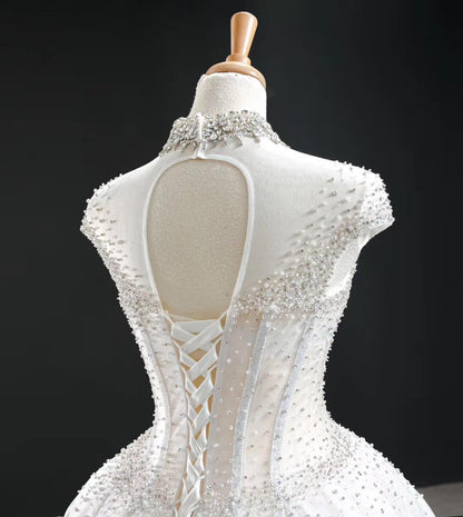 High Neck Ball Gown Wedding Dresses Sparkly Beaded Bridal Gown VW1761-wedding dresses 2025 -Viniodress-Chapel Train-Ivory-Custom Size