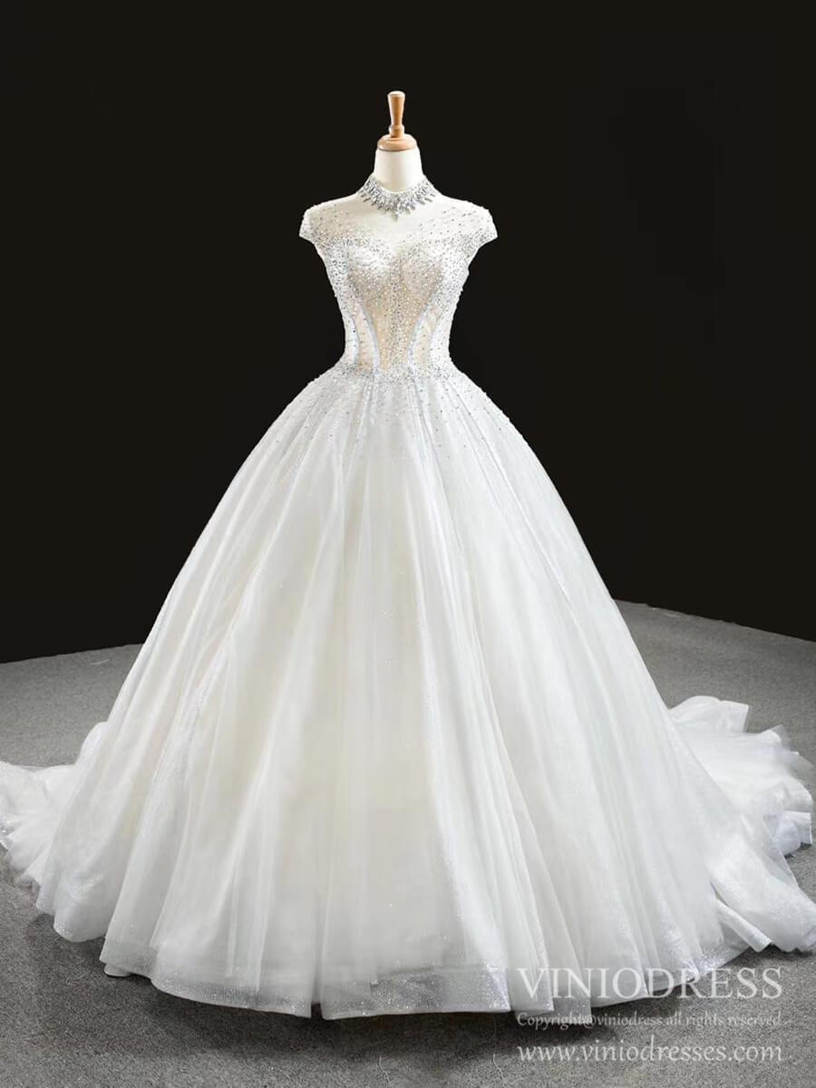 High Neck Ball Gown Wedding Dresses Sparkly Beaded Bridal Gown VW1761-wedding dresses 2025 -Viniodress-Chapel Train-Ivory-Custom Size
