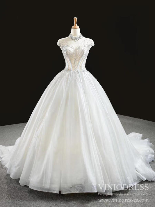High Neck Ball Gown Wedding Dresses Sparkly Beaded Bridal Gown VW1761-wedding dresses 2025 -Viniodress-Chapel Train-Ivory-Custom Size