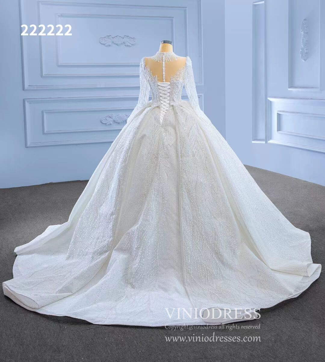 High Neck Ball Gown Wedding Dresses with Long Sleeve 222222-wedding dresses 2025 -Viniodress-Ivory-Custom Size-