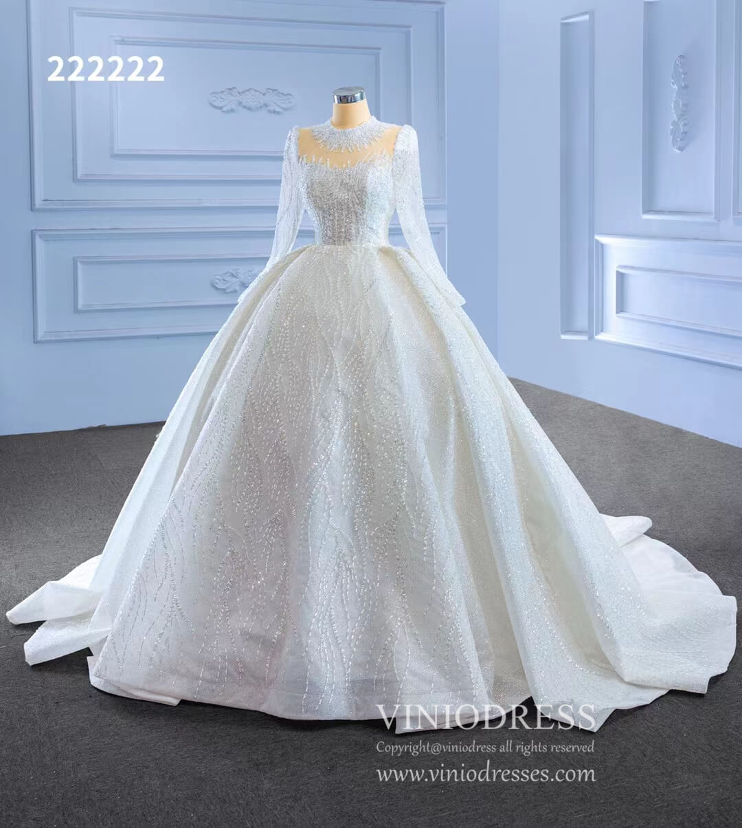 High Neck Ball Gown Wedding Dresses with Long Sleeve 222222-wedding dresses 2025 -Viniodress-Ivory-Custom Size-