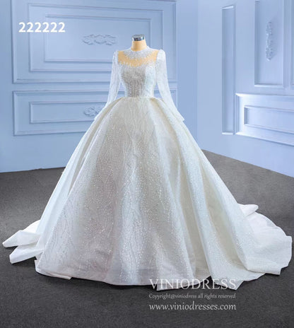 High Neck Ball Gown Wedding Dresses with Long Sleeve 222222-wedding dresses 2025 -Viniodress-Ivory-Custom Size-