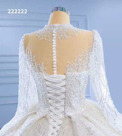 High Neck Ball Gown Wedding Dresses with Long Sleeve 222222-wedding dresses 2025 -Viniodress-Ivory-Custom Size-