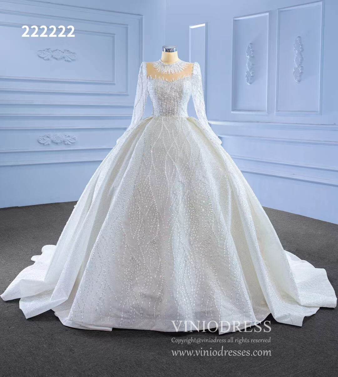 High Neck Ball Gown Wedding Dresses with Long Sleeve 222222-wedding dresses 2025 -Viniodress-Ivory-Custom Size-