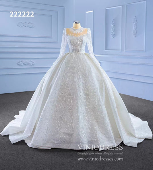 High Neck Ball Gown Wedding Dresses with Long Sleeve 222222-wedding dresses 2025 -Viniodress-Ivory-Custom Size-