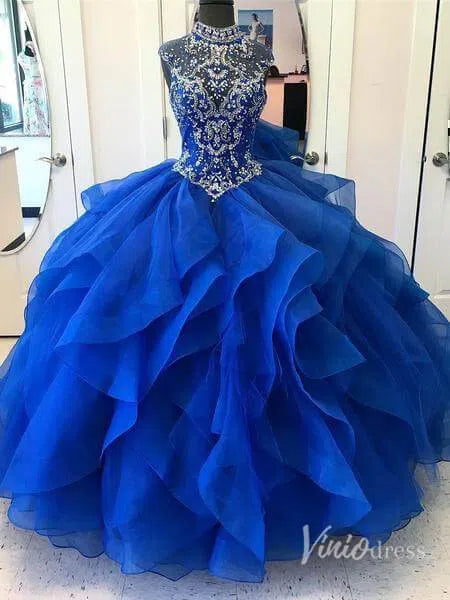 High Neck Beaded Ball Gowns Vintage Quinceanera Dress FD1315-prom dresses-Viniodress-Royal Blue-Custom Size-Viniodress