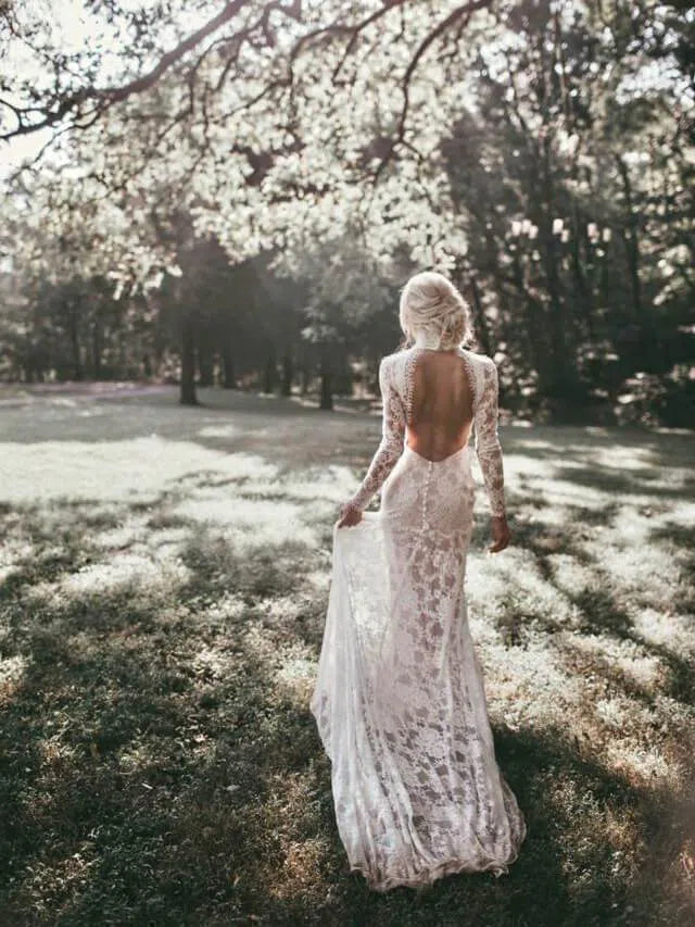 High Neck Bohemian Wedding Dresses with Sleeves, Open Back VW1104 – Viniodress