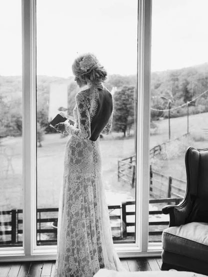 High Neck Bohemian Wedding Dresses with Sleeves, Open Back VW1104-wedding dresses 2025 -Viniodress-Nude-Custom Size-