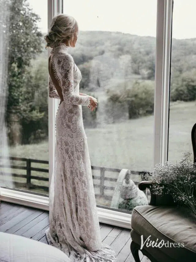 High Neck Bohemian Wedding Dresses with Sleeves, Open Back VW1104 – Viniodress