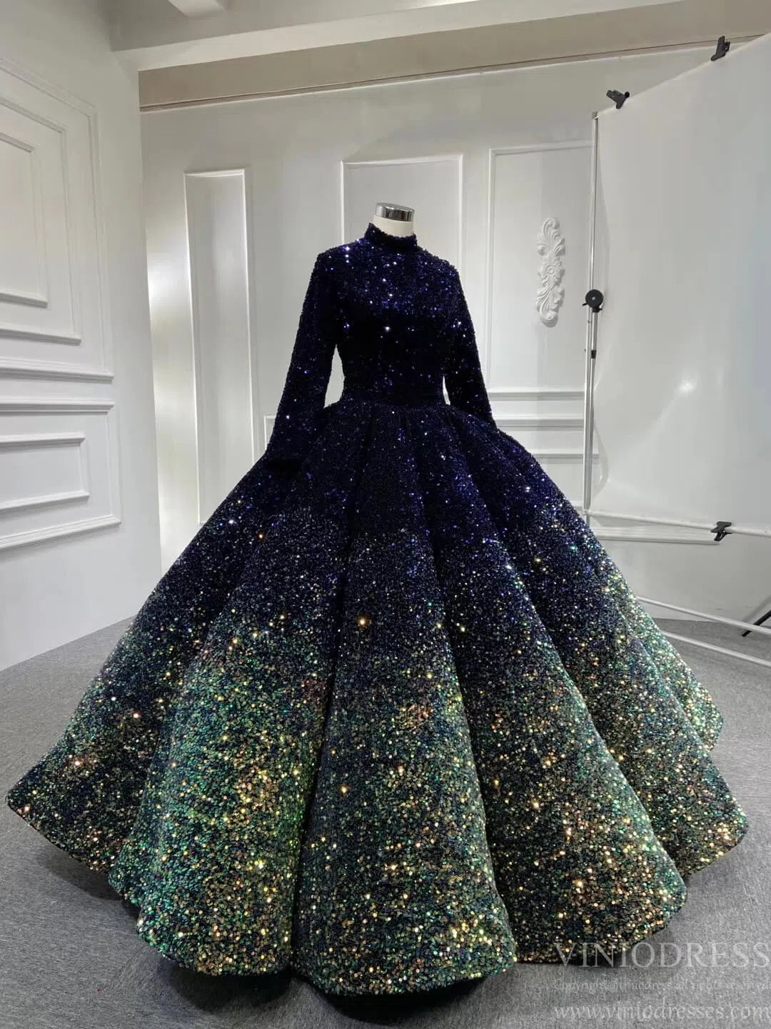 High Neck Modest Muslim Ball Gown Wedding Dress | Long Sleeve Ombre Sequin Gown with Corset Back 66991-Quinceanera Dresses 2025 -Viniodress-Burgundy-Custom Size-