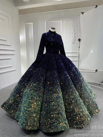 High Neck Modest Muslim Ball Gown Wedding Dress | Long Sleeve Ombre Sequin Gown with Corset Back 66991-Quinceanera Dresses 2025 -Viniodress-Burgundy-Custom Size-