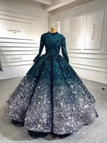High Neck Modest Muslim Ball Gown Wedding Dress | Long Sleeve Ombre Sequin Gown with Corset Back 66991-Quinceanera Dresses 2025 -Viniodress-Burgundy-Custom Size-