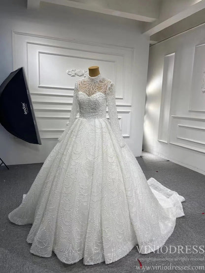 High Neck Pearl Lace Wedding Gown with Long Sleeves 67129-wedding dresses 2025 -Viniodress-Ivory-Custom Size-