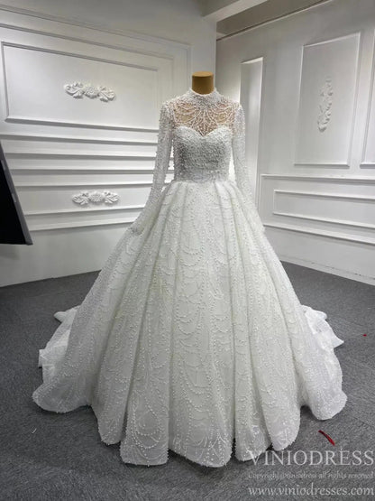 High Neck Pearl Lace Wedding Gown with Long Sleeves 67129-wedding dresses 2025 -Viniodress-Ivory-Custom Size-
