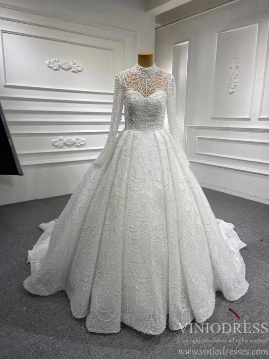 High Neck Pearl Lace Wedding Gown with Long Sleeves 67129-wedding dresses 2025 -Viniodress-Ivory-Custom Size-