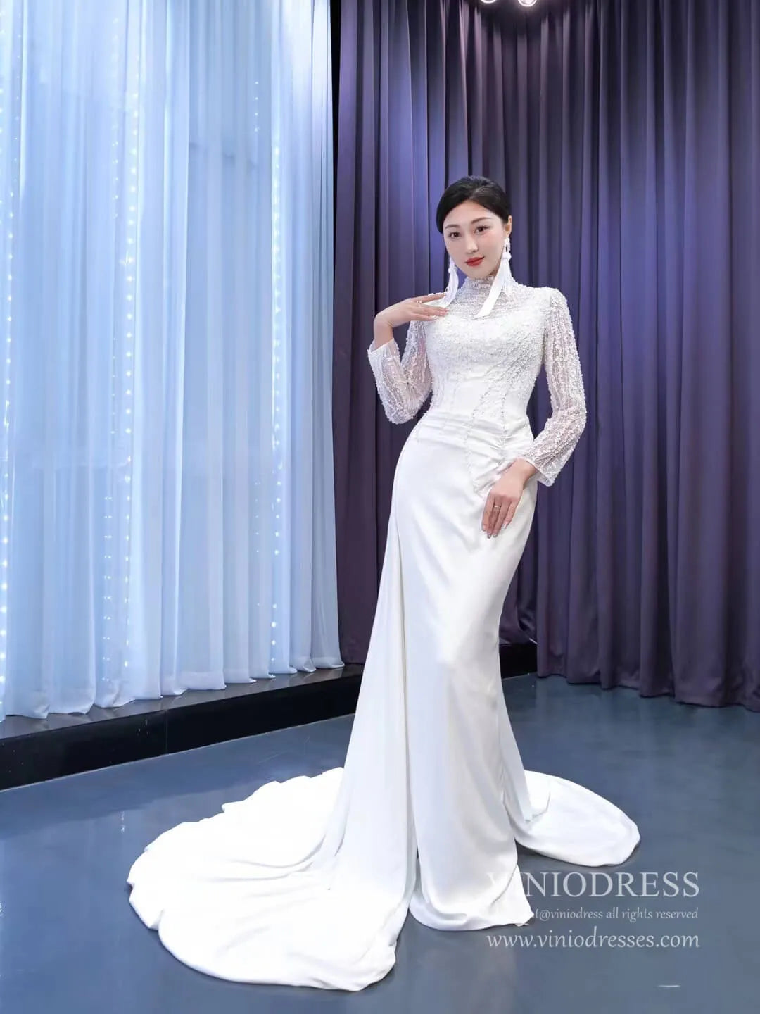 High Neck Pearl Satin Wedding Dresses Long Sleeve 67457-wedding dresses 2025 -Viniodress-Ivory-Custom Size-