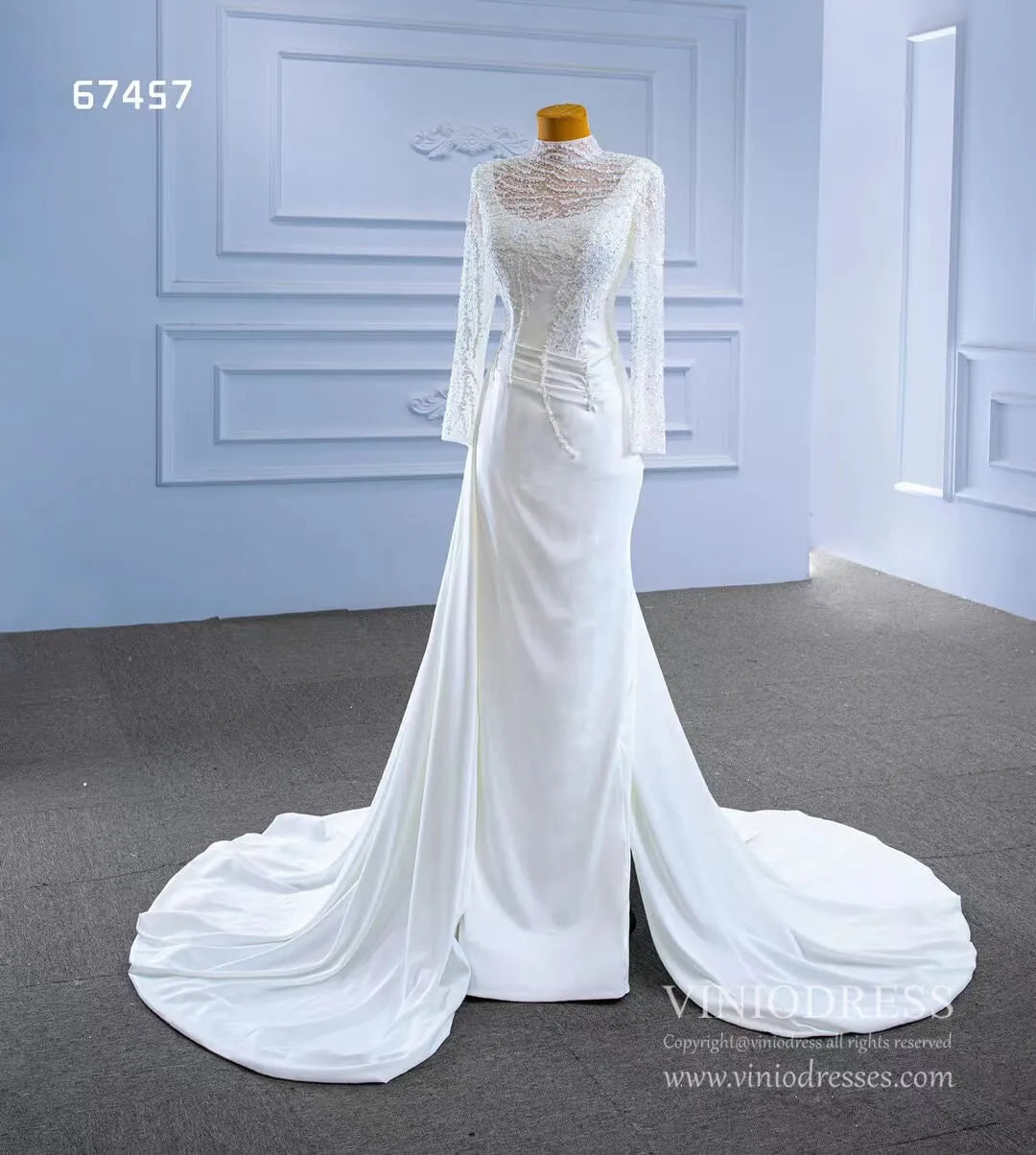 High Neck Pearl Satin Wedding Dresses Long Sleeve 67457-wedding dresses 2025 -Viniodress-Ivory-Custom Size-
