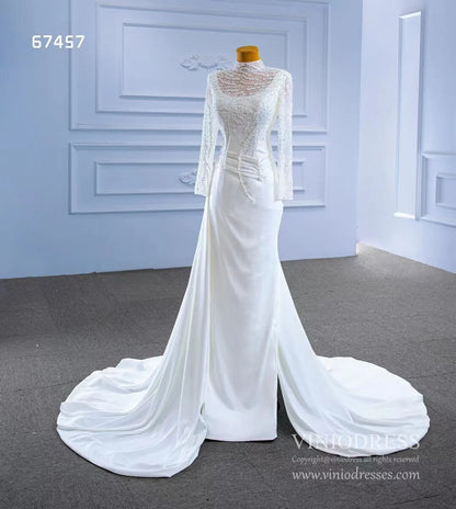 High Neck Pearl Satin Wedding Dresses Long Sleeve 67457-wedding dresses 2025 -Viniodress-Ivory-Custom Size-