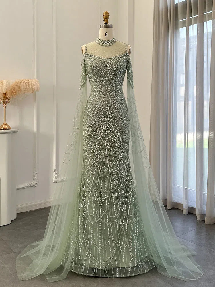 Hight Neck Light Blue Evening Dresses Extra Long Sleeve 20s Formal Gown FD1533-Evening Dresses 2025 -Viniodress-Light Blue-US 2-