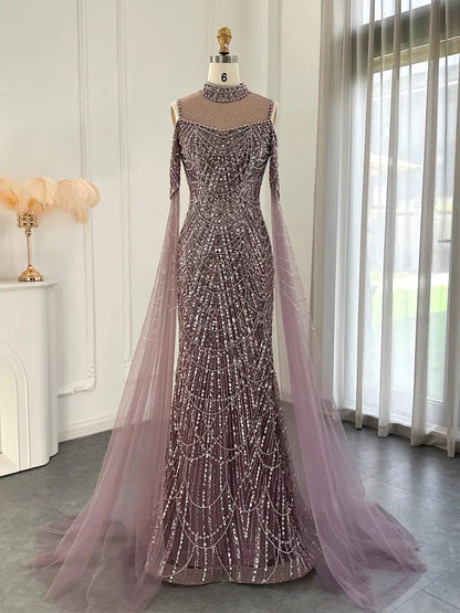 Hight Neck Light Blue Evening Dresses Extra Long Sleeve 20s Formal Gown FD1533-Evening Dresses 2025 -Viniodress-Light Blue-US 2-