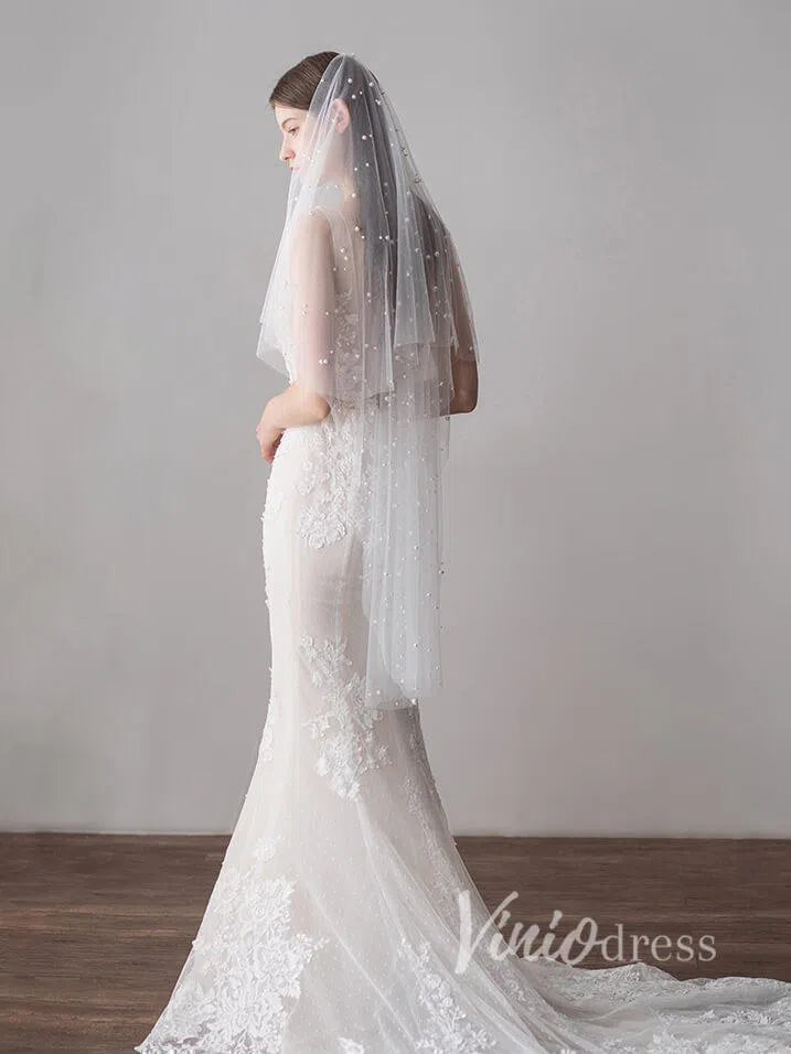 Hip Length Ivory Tulle Wedding Veils with Pearl Drop Veil V1052-Bridal Veil 2025 -Viniodress-Ivory-