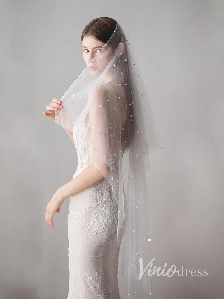 Hip Length Ivory Tulle Wedding Veils with Pearl Drop Veil V1052-Bridal Veil 2025 -Viniodress-Ivory-