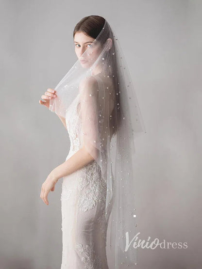Hip Length Ivory Tulle Wedding Veils with Pearl Drop Veil V1052-Bridal Veil 2025 -Viniodress-Ivory-