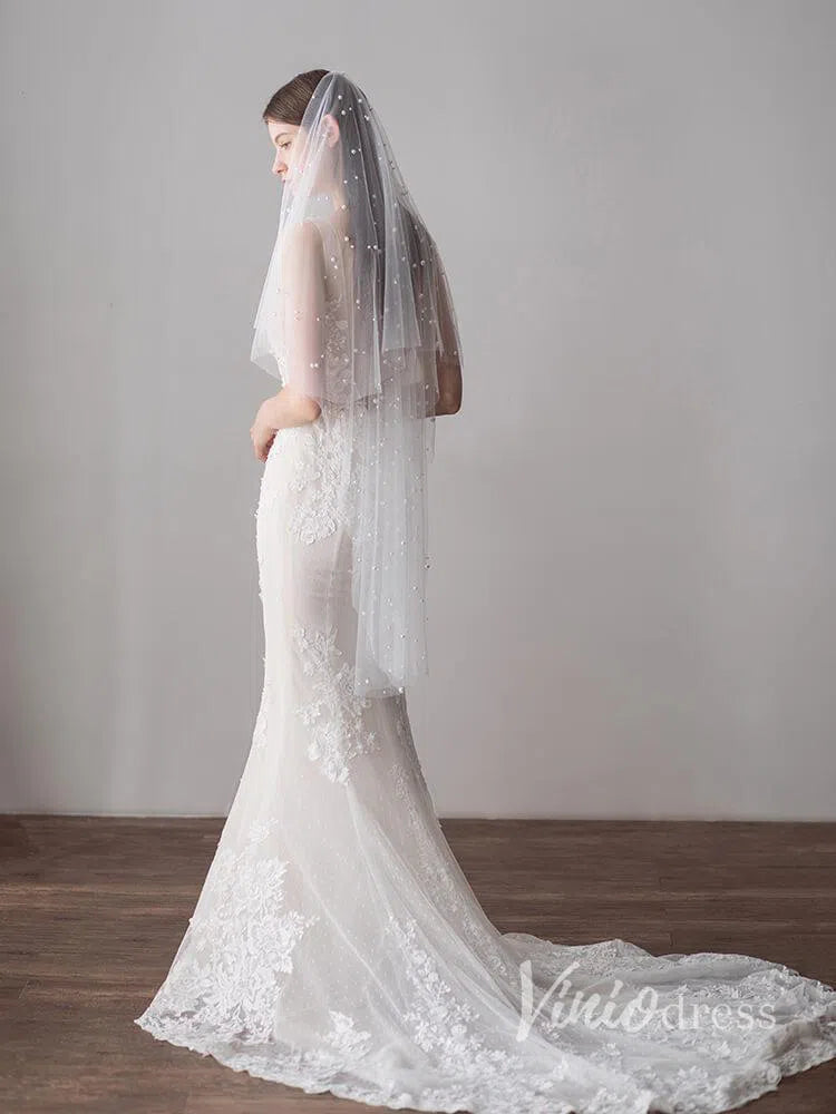 Hip Length Ivory Tulle Wedding Veils with Pearl Drop Veil V1052-Bridal Veil 2025 -Viniodress-Ivory-