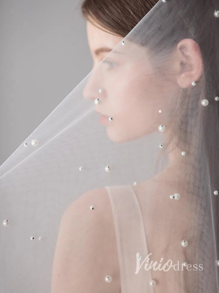 Hip Length Ivory Tulle Wedding Veils with Pearl Drop Veil V1052-Bridal Veil 2025 -Viniodress-Ivory-
