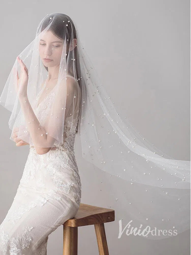 Hip Length Ivory Tulle Wedding Veils with Pearl Drop Veil V1052-Bridal Veil 2025 -Viniodress-Ivory-