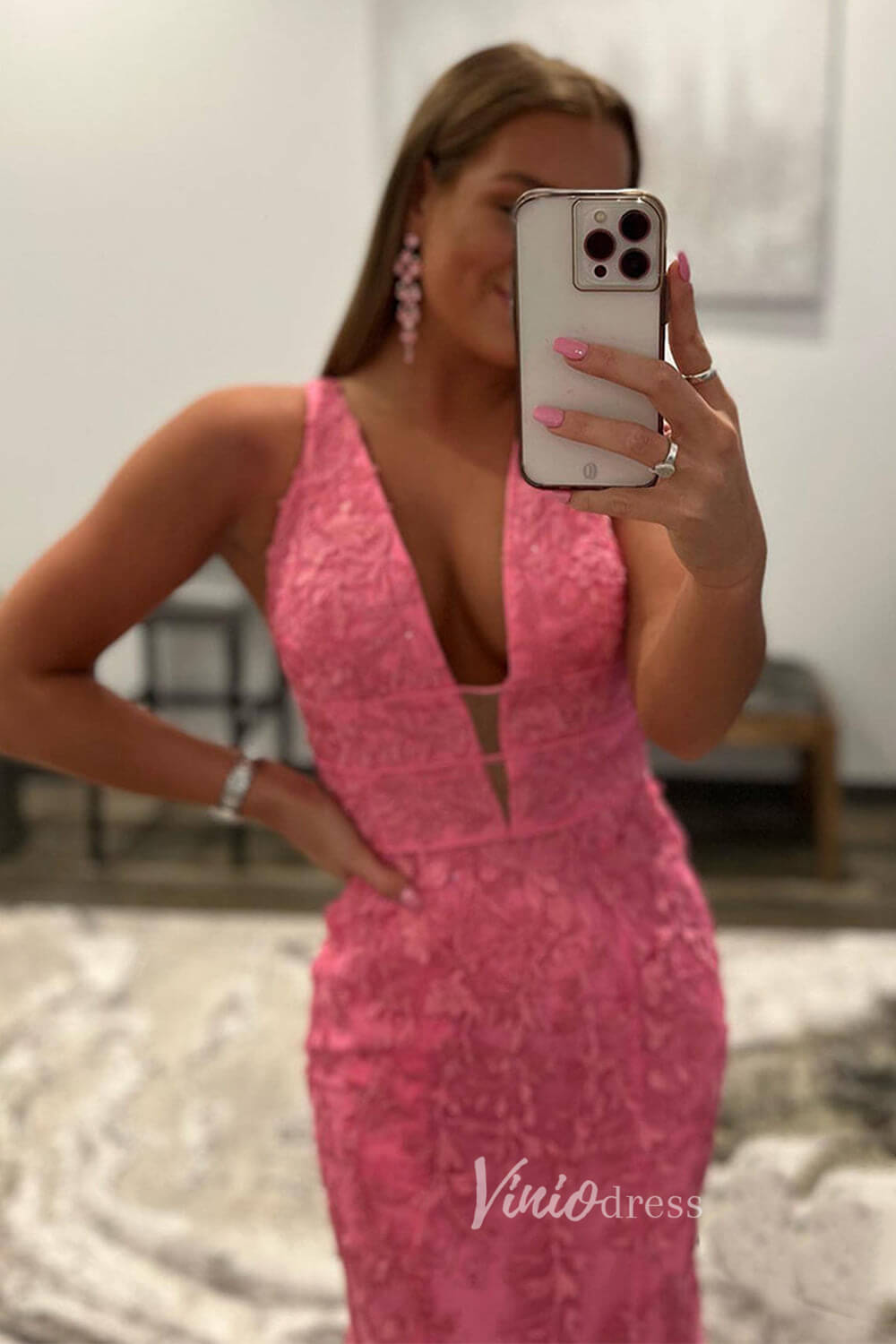 Hot Pink Lace Appliqued Mermaid Prom Dresses Plunging V-neck FD1250H-prom dresses 2025 -Viniodress-Hot Pink-Custom Size-