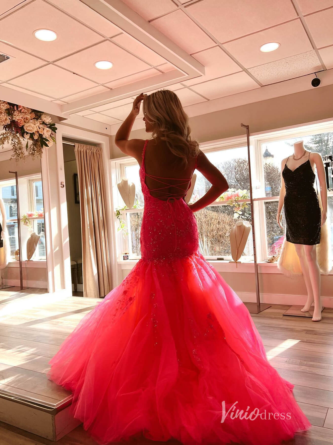 Hot Pink Lace Appliqued Mermaid Prom Dresses Spaghetti Strap FD3658-prom dresses 2025 -Viniodress-Hot Pink-Custom Size-
