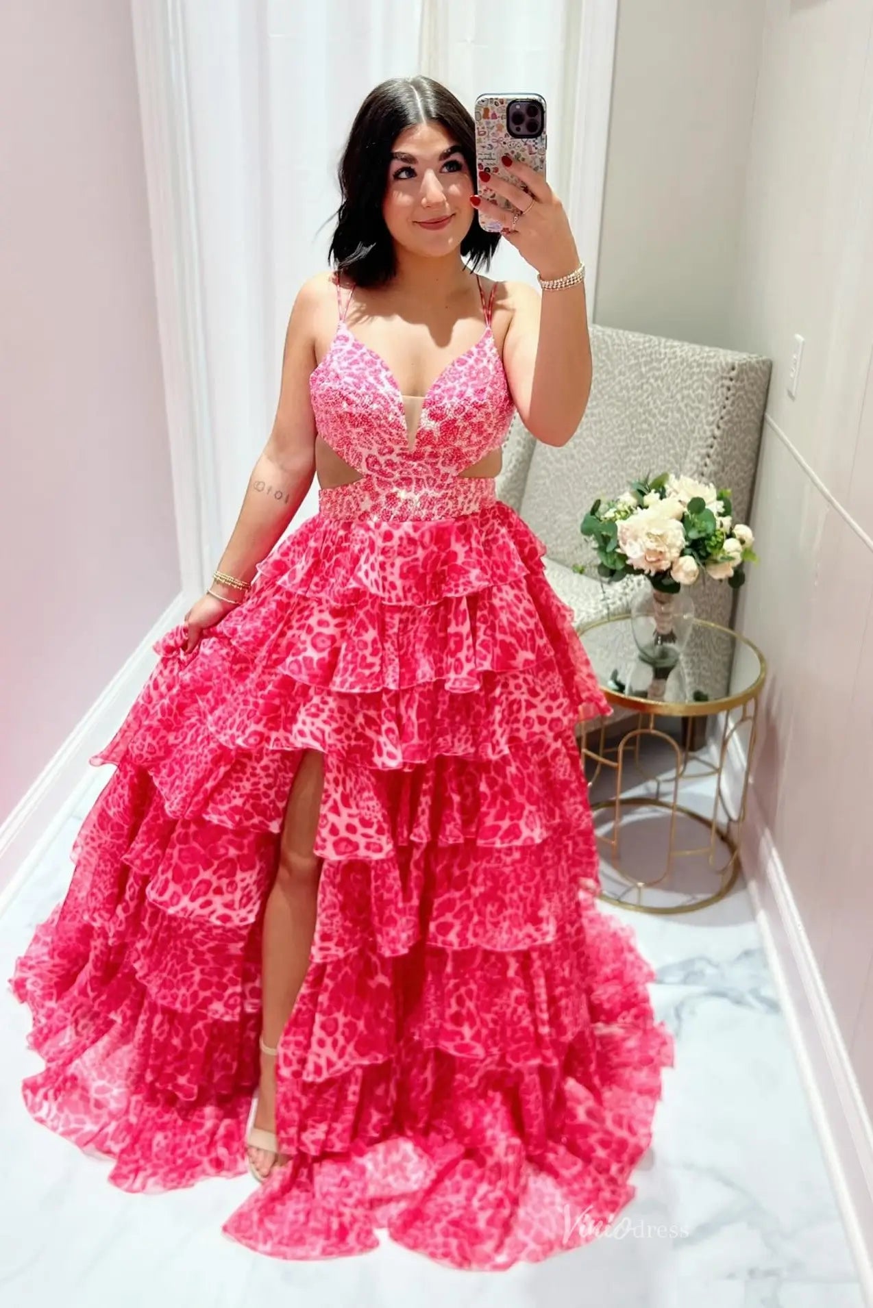 Leopard Print Prom Dress with Ruffle Train & High Slit – RF104 – Viniodress