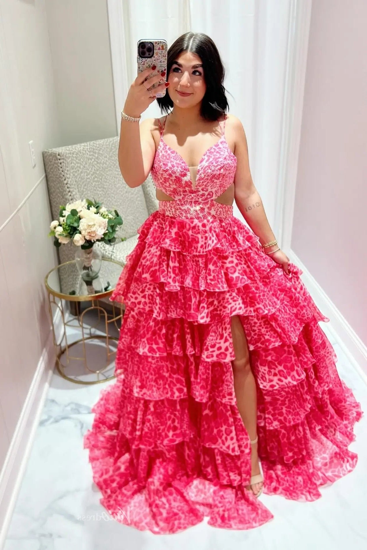 Leopard Print Prom Dress with Ruffle Train & High Slit – RF104 – Viniodress