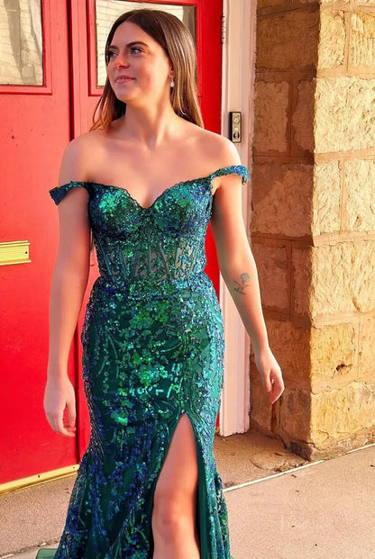 Hot Pink Mermaid Prom Dress 2025 with Sparkly Lace & Slit, Off the Shoulder – FD5005-prom dresses 2025 -Viniodress-Hot Pink-Custom Size-