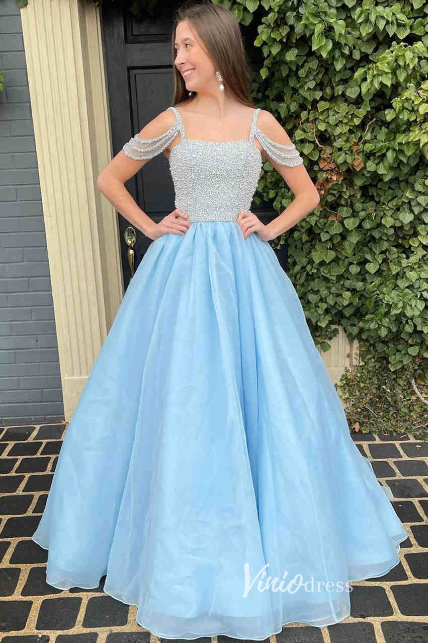 Hot Pink Organza Prom Dresses Beaded Cold Shoulder Evening Dress FD2926-prom dresses 2025 -Viniodress-Hot Pink-Custom Size-