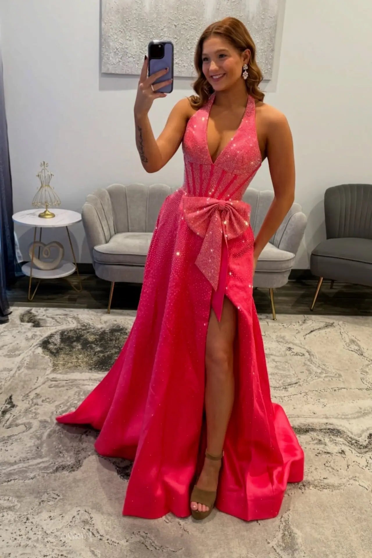 Hot Pink Rhinestone Halter Prom Dress with Satin Bow – AS085 – Viniodress