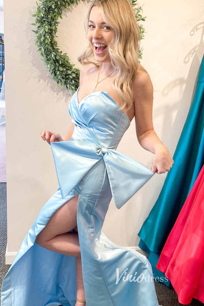 Hot Pink Satin Prom Dresses with Slit, Strapless Mermaid Dress with Bow FD3267-prom dresses 2025 -Viniodress-Light Blue-Custom Size-